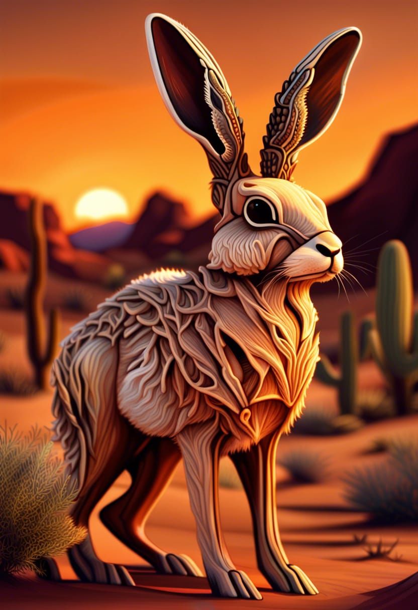 Jackalope in Desert Sunset: Detailed Fur Illustration