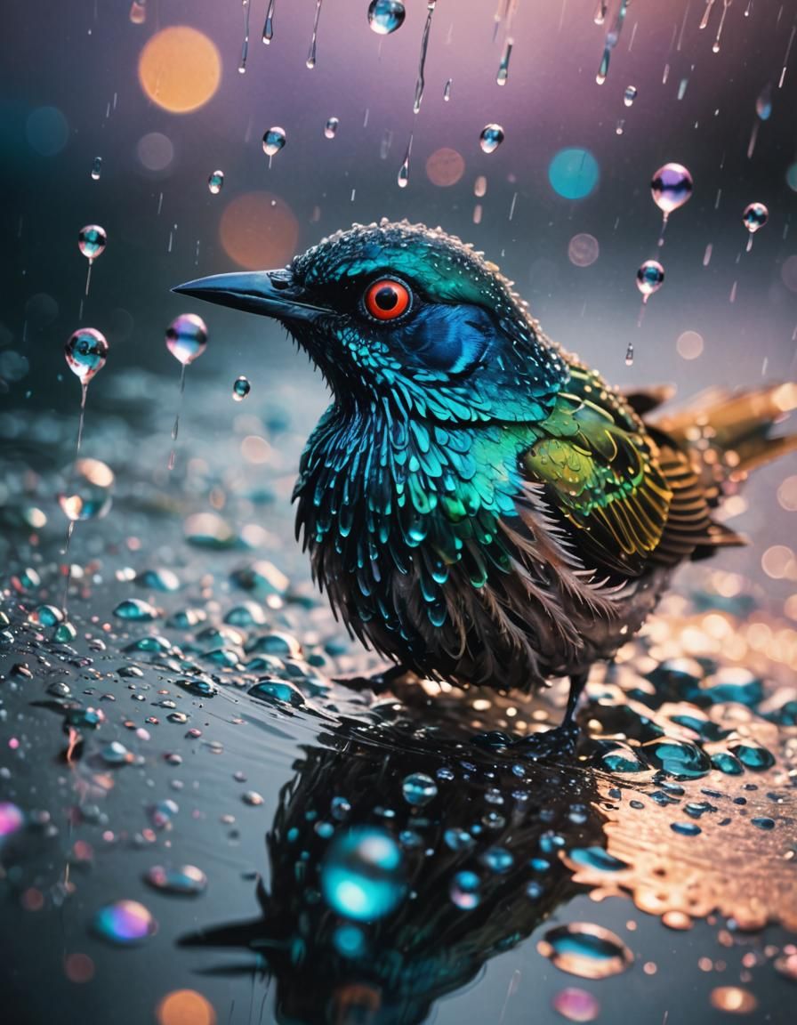 Neon-Eyed Bird in Macro Photography, Abstract Expressionism