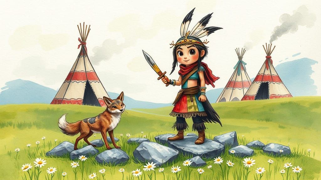 Quirky American Warrior in Whimsical, Hand-Painted Landscape