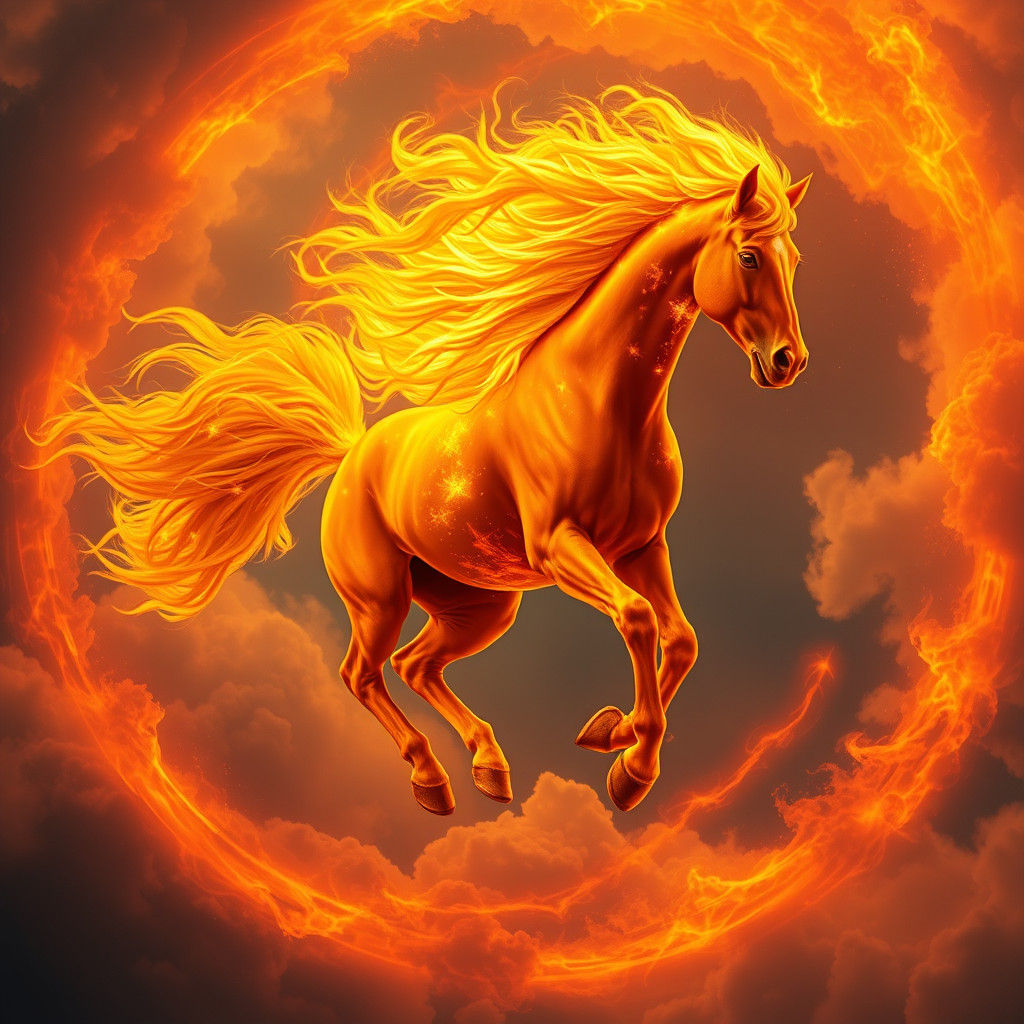 Majestic Fire Horse Soaring Through Crimson Skies