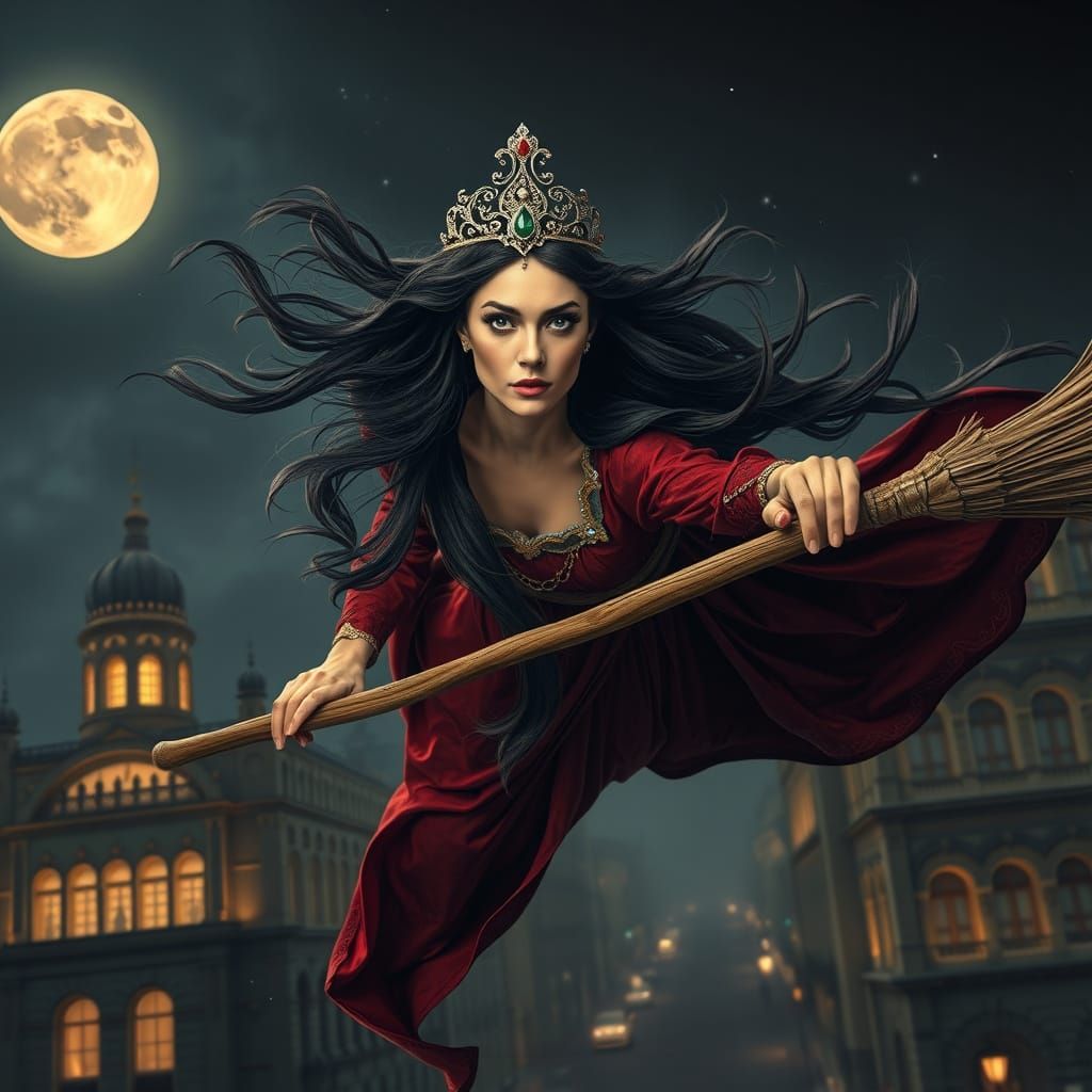 Regal Witch Soars Above Stalinist Moscow in Cyberpunk Style