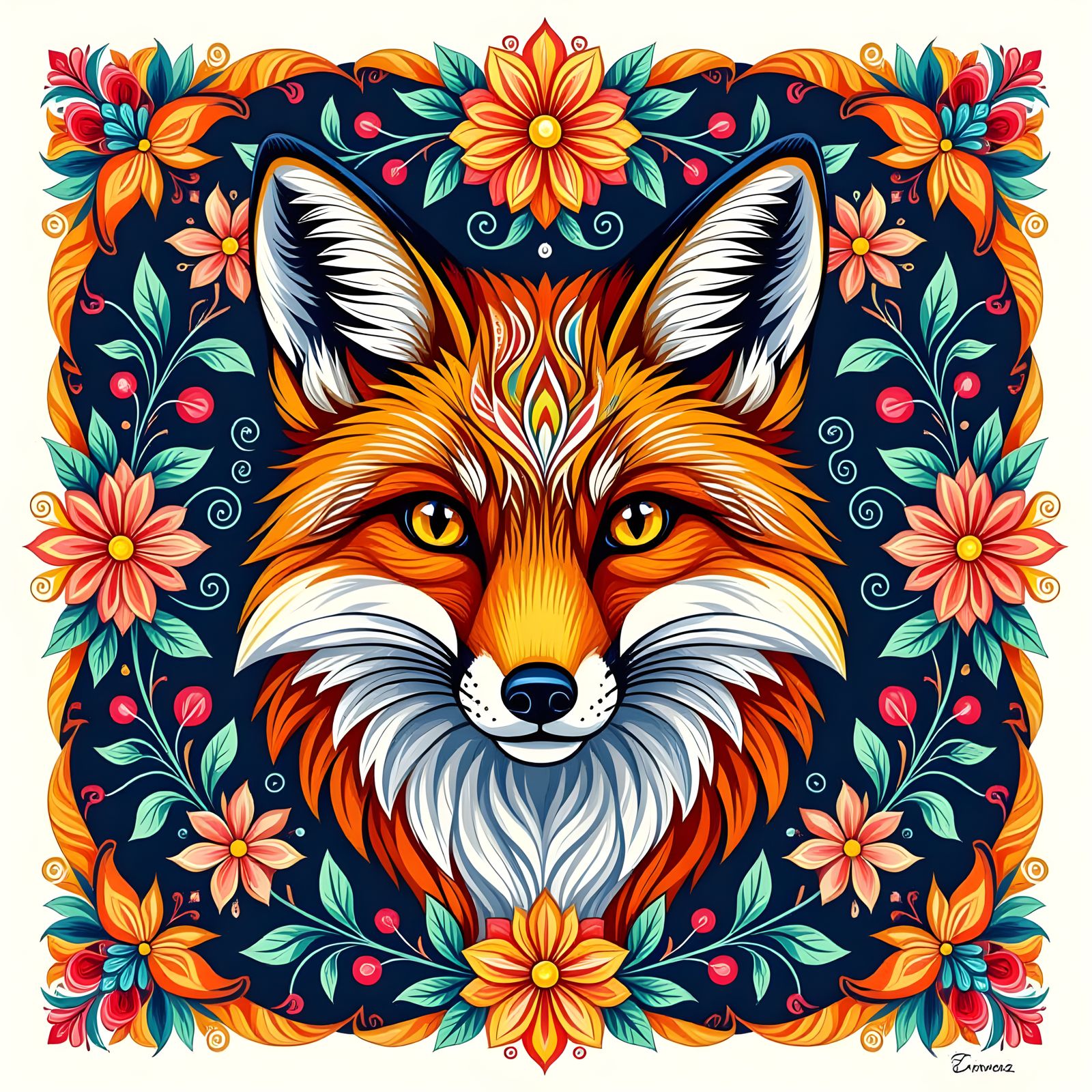 Vibrant Zentangle Fox Head with Floral Wreath