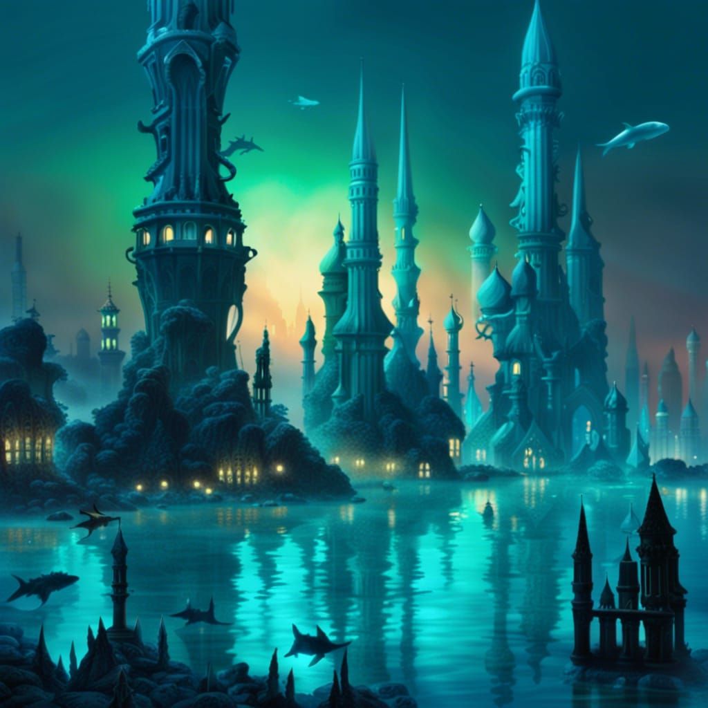 Bioluminescent Underwater City with Aquatic Humanoids