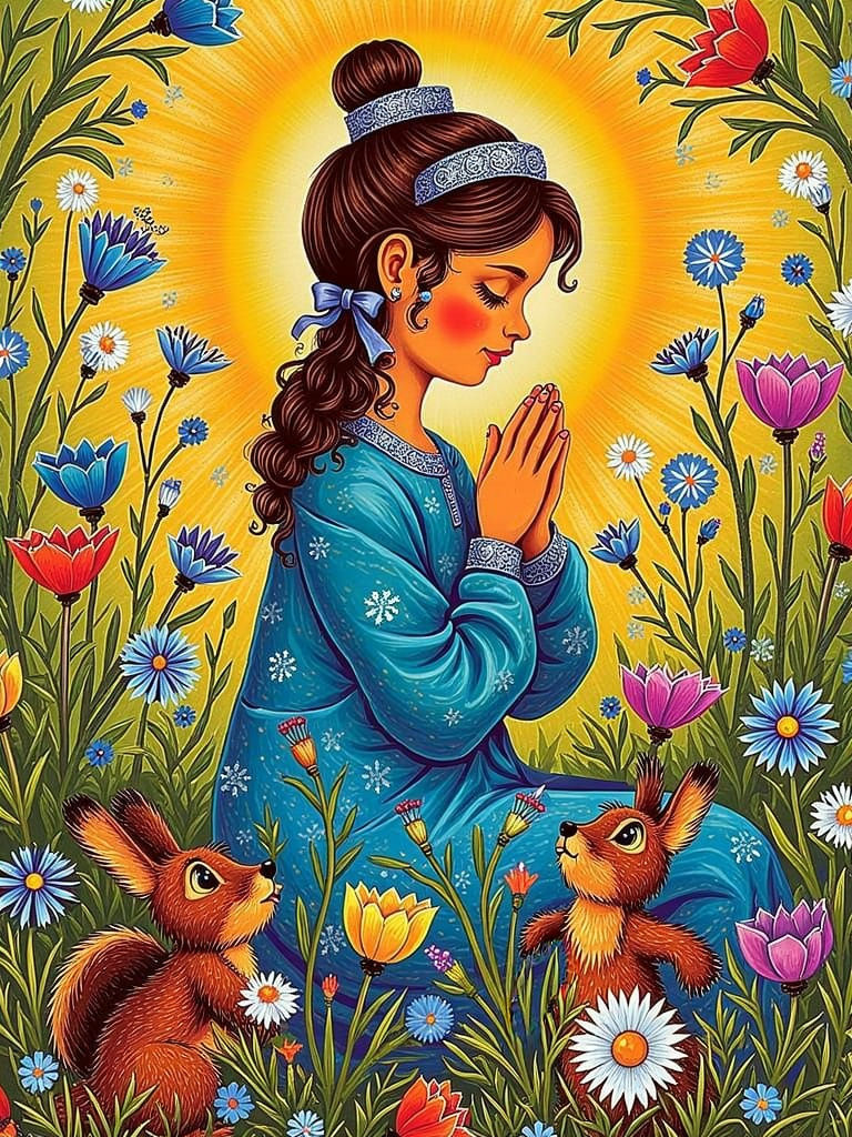 Innocent Prayer Scene in Folk Art Style