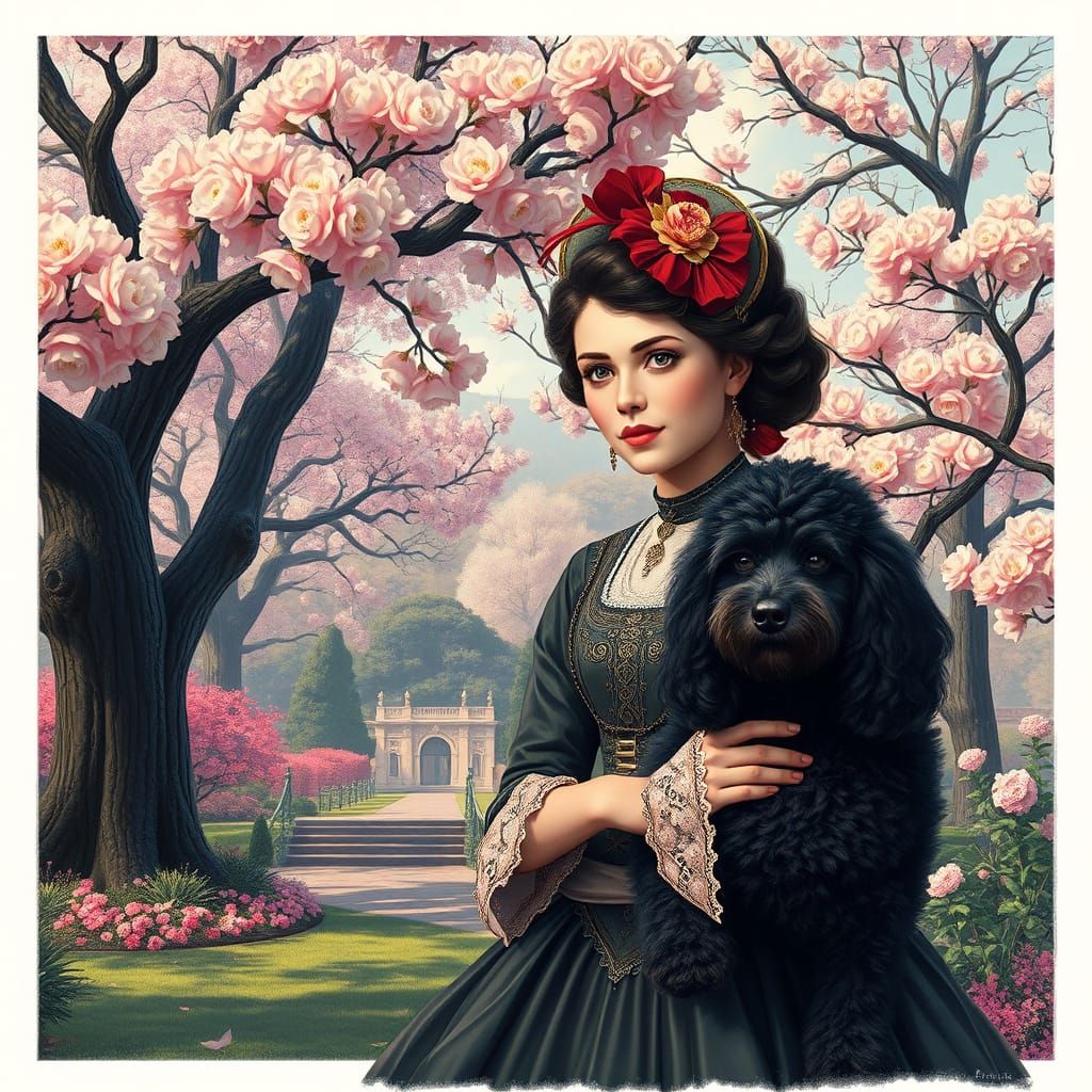 Victorian Lady Strolls with her Elegant Poodle in a Lush Gar...