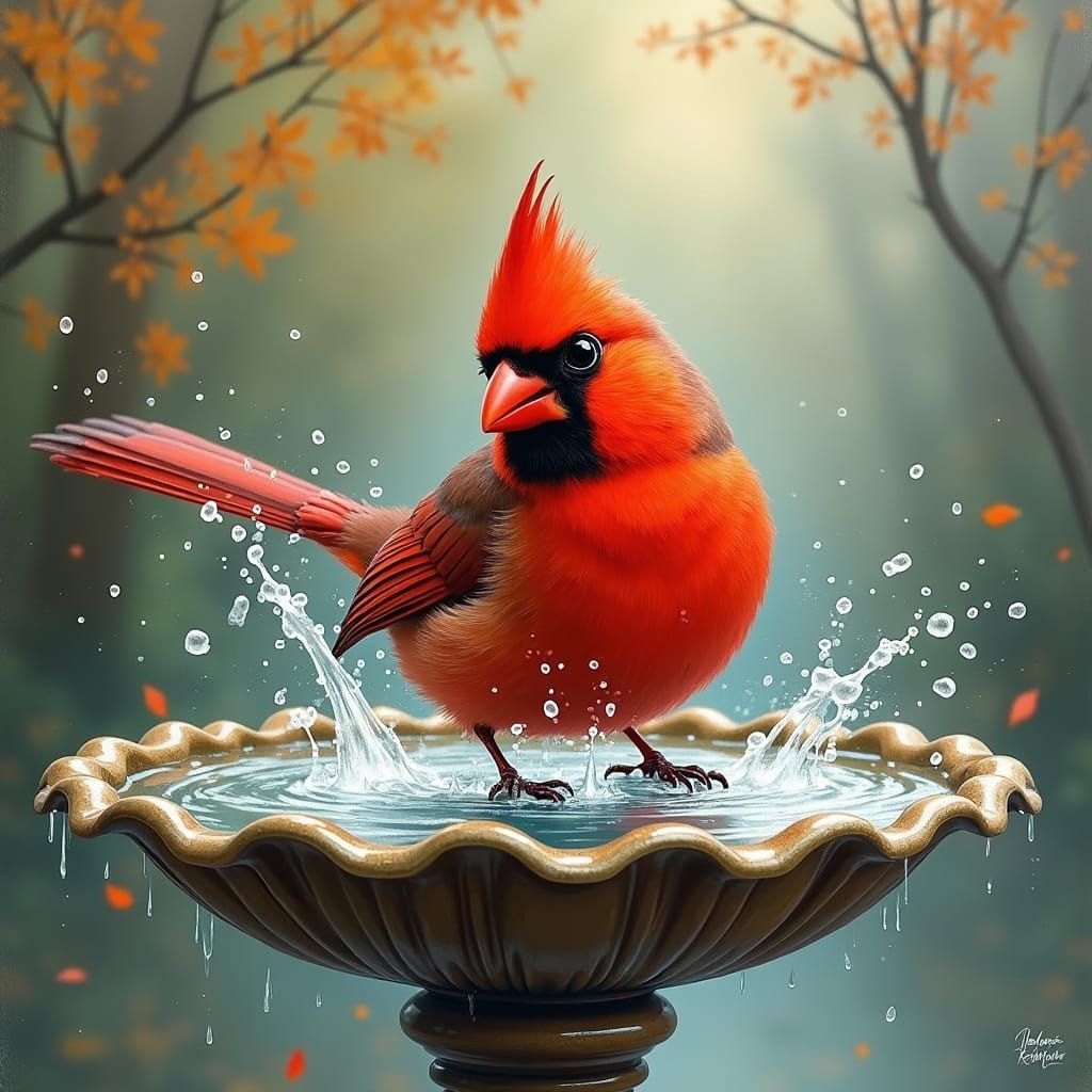 Red Cardinal Bird Bathing with Alcohol Ink
