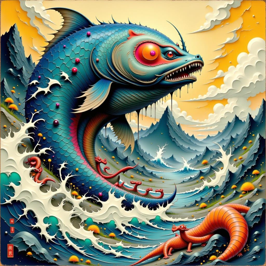 Namazu and Kashima: Giant Catfish in Ukiyo-e Style