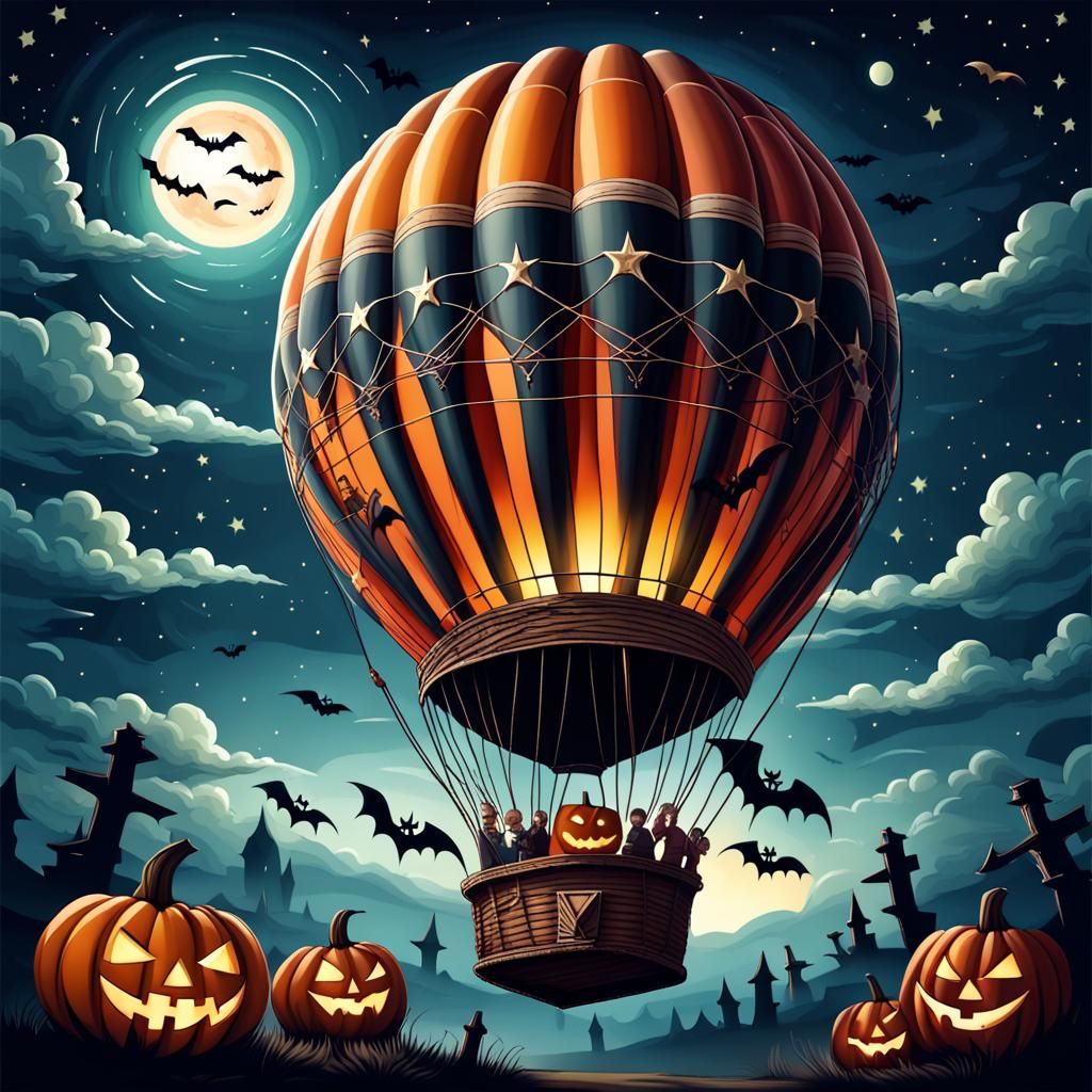 Halloween Hot Air Balloon in Starry Horror Sky