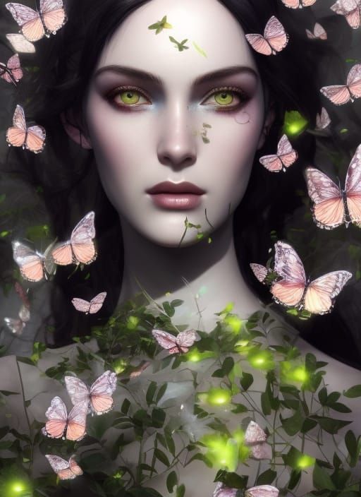 Beautiful Woman Surrounded by Butterflies in Dark Fantasy St...