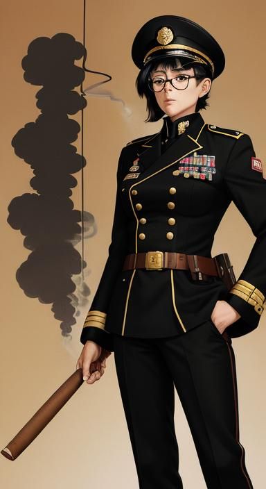 Cartoon Military Commander Smoking Cigar in Anime Style