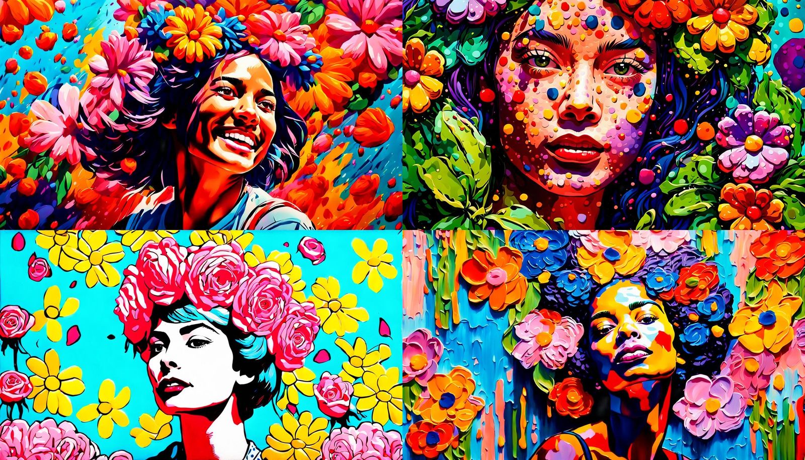Portraits of Women with Flowers in Hyperrealistic Pop Art