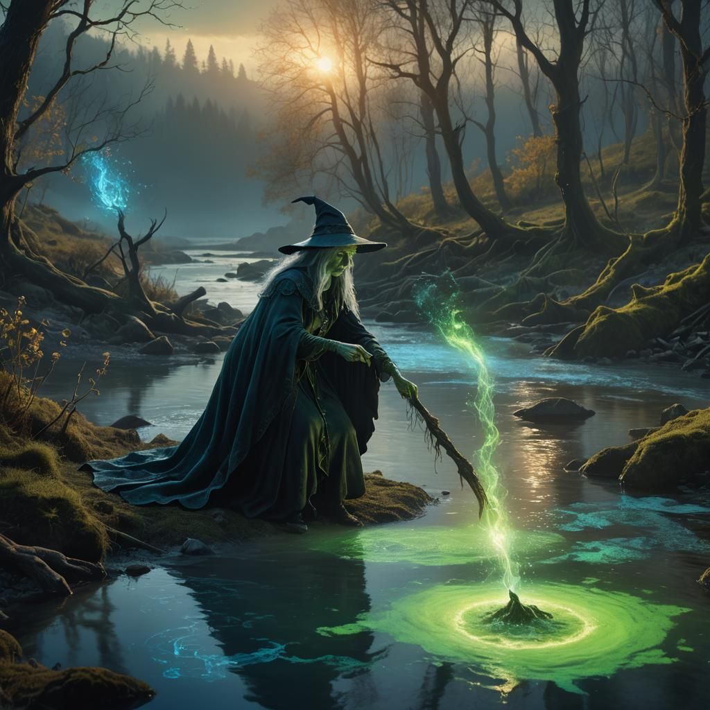 Enchanting Witch Incantation by River in Art Nouveau Style