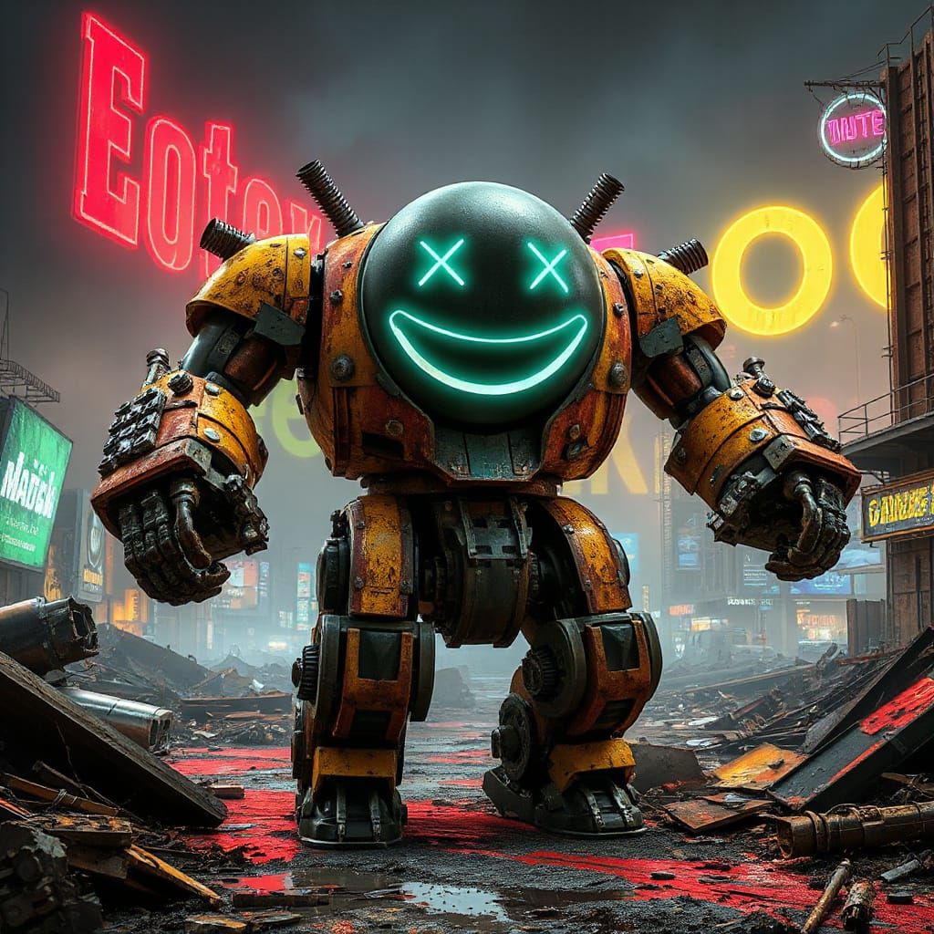 Mad Max Robot with Laughing Emoji Face