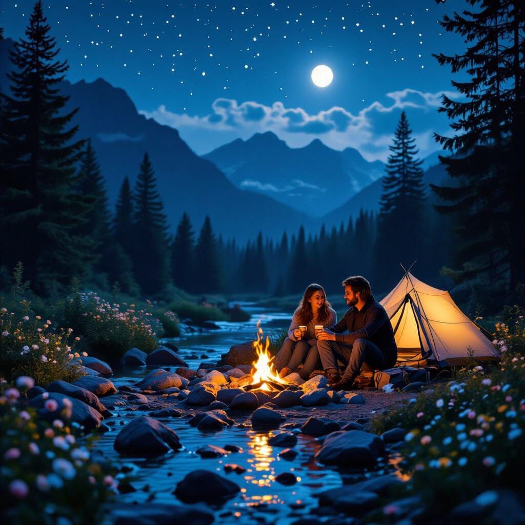 Romantic Camp Scene by Mountain Creek at Night