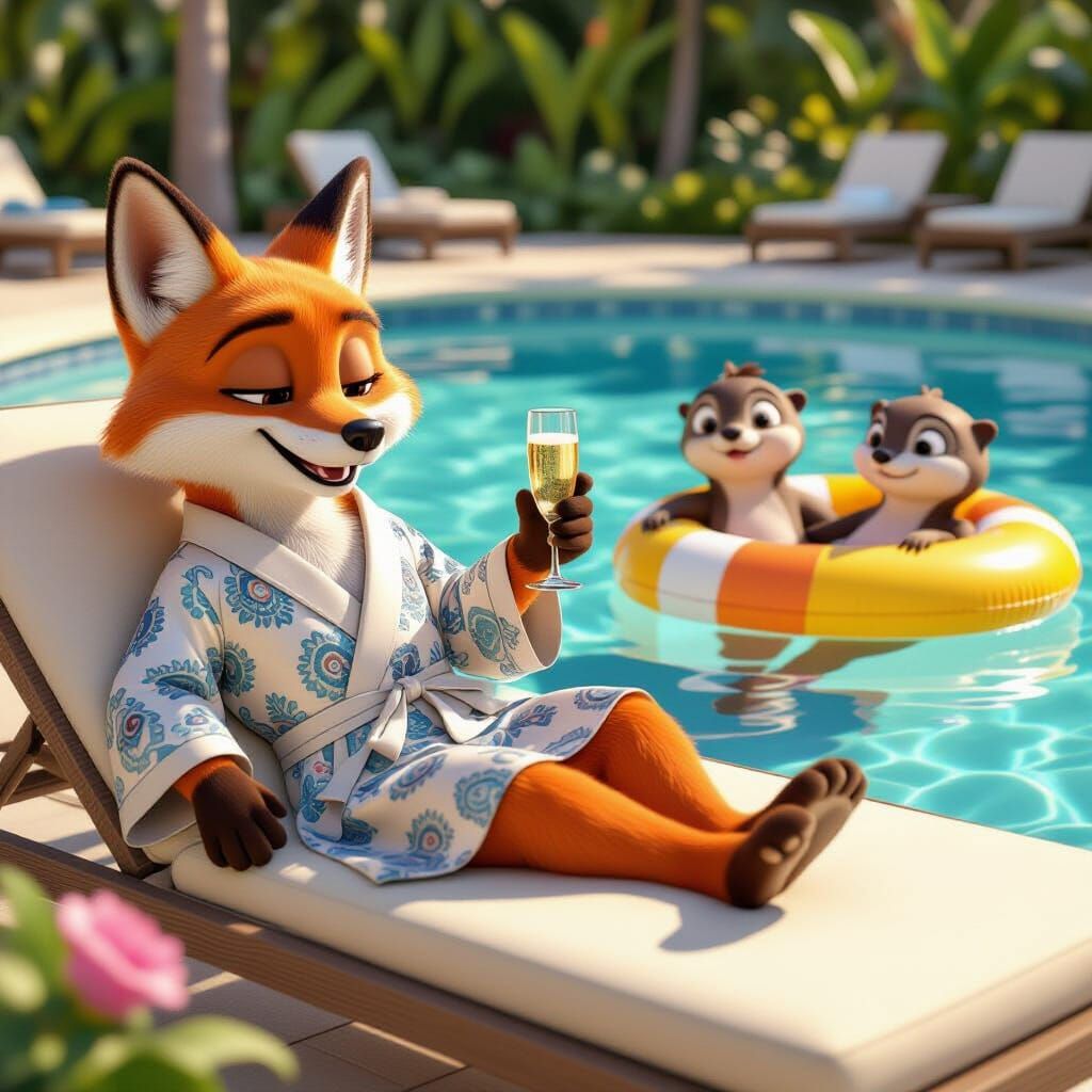 Fox Lounging by Pool: Pixar-Style 3D Cartoon