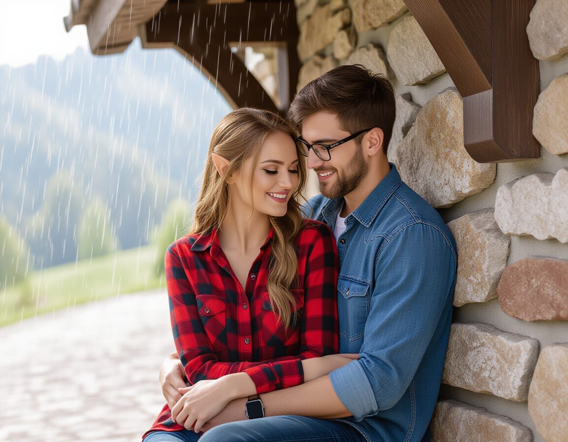 Couple Sheltering from Rain Under Stone Cornice