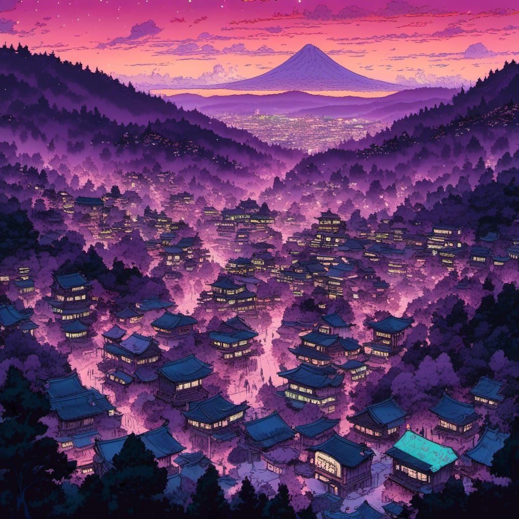 Realistic Japanese Cityscape with Forest and Neon Lights