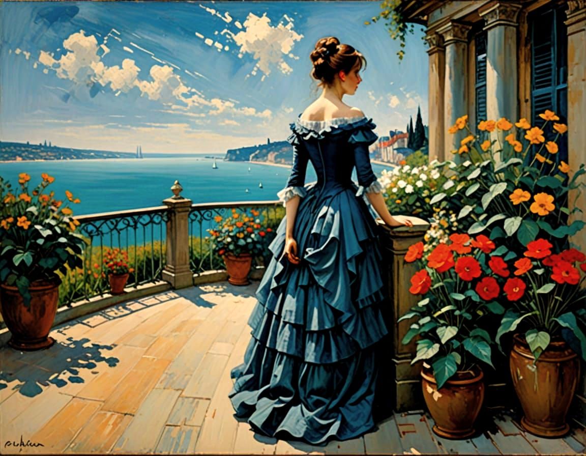 French Lady on Garden Terrace: Impasto Acrylic Painting