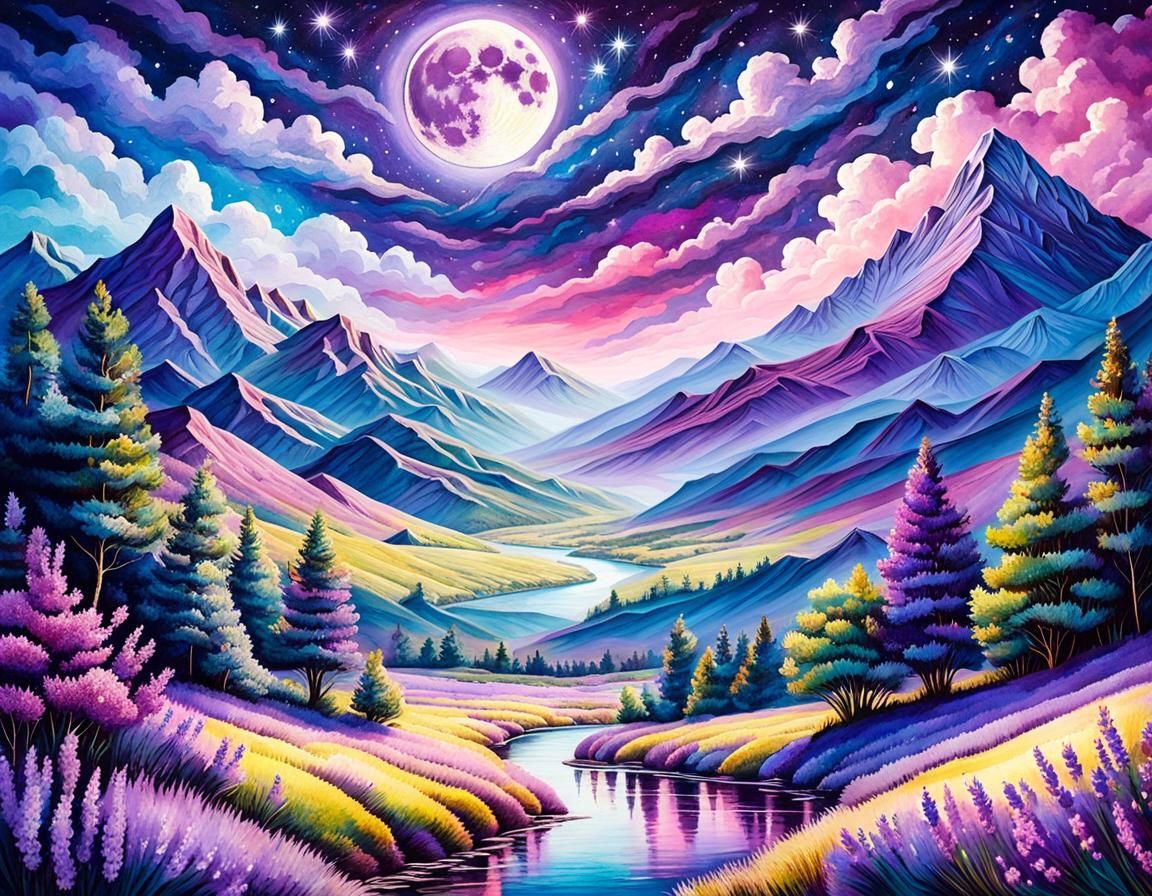 Lavender Field and Moonlit Lake Illustration