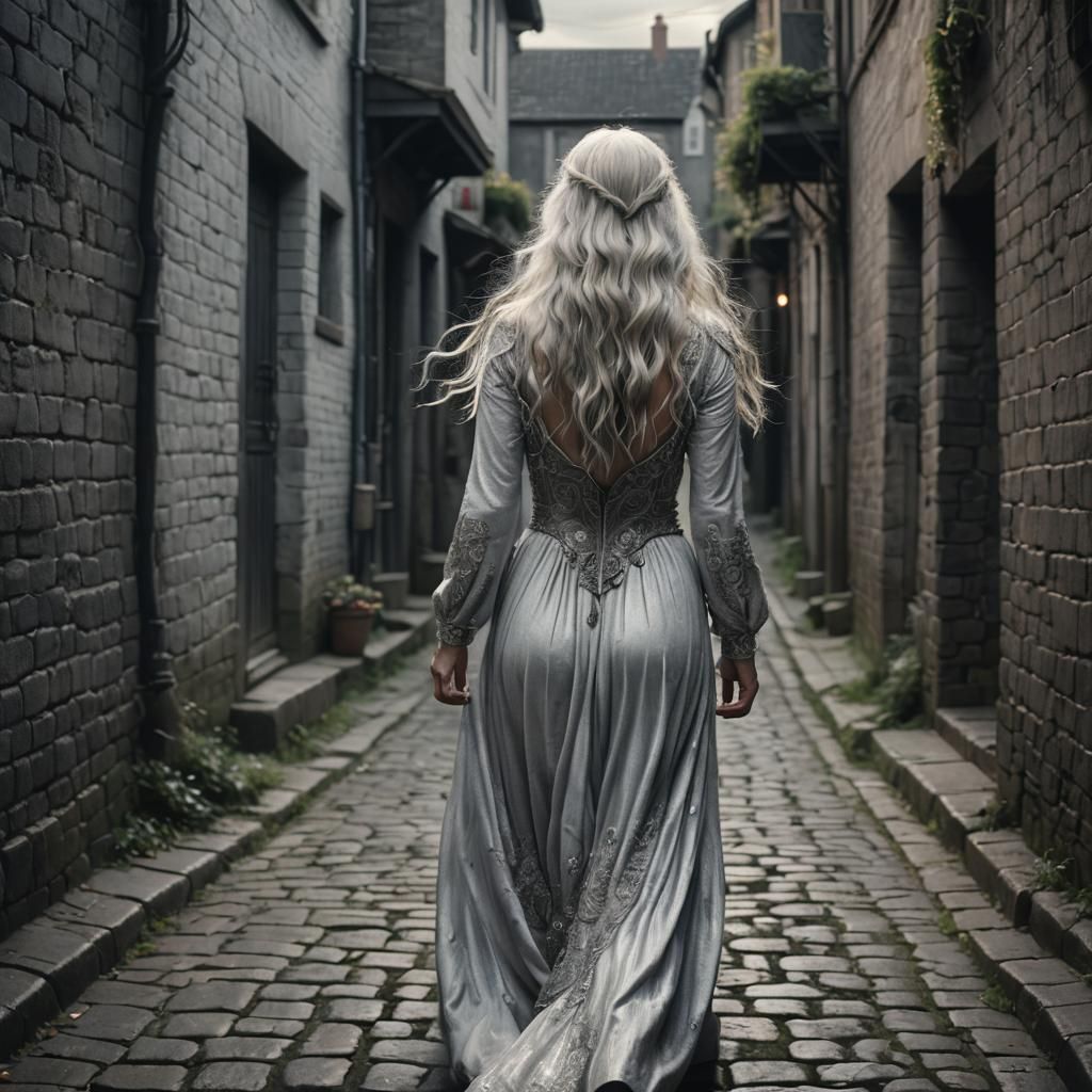 Woman in Silver Dress Walking Down Dark Alley