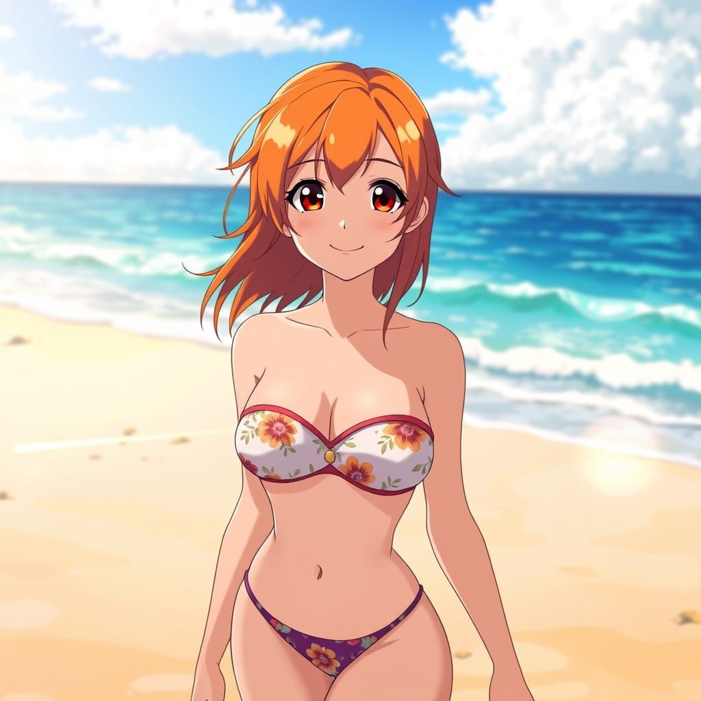 Nami on Sun-Kissed Beach in Ghibli-Style Anime