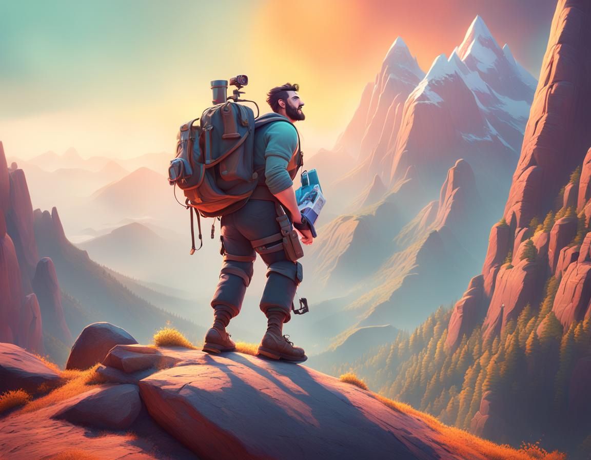 Young Man Climbing Mountain: Pixar-Style 3D Art