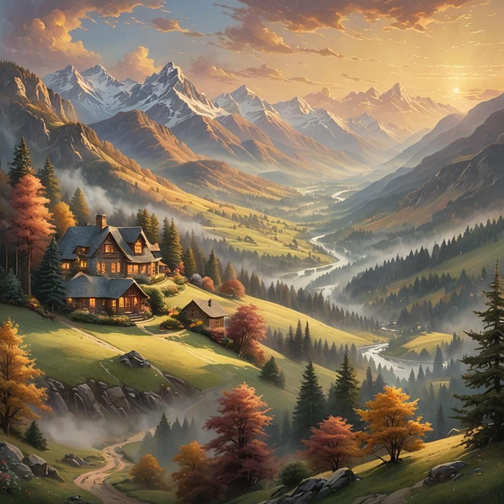 Ethereal Mountain Landscape in Kinkade Style
