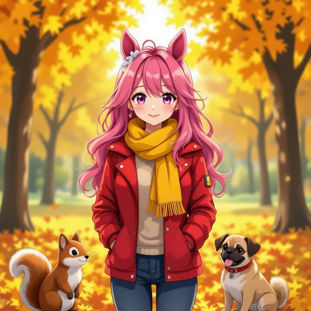 Anime Girl with Pink Hair and Horse Ears in Autumn Park