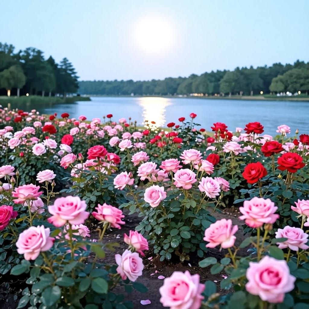 Moonlit Garden With Pink, Red, and Rose Flowers by Lake