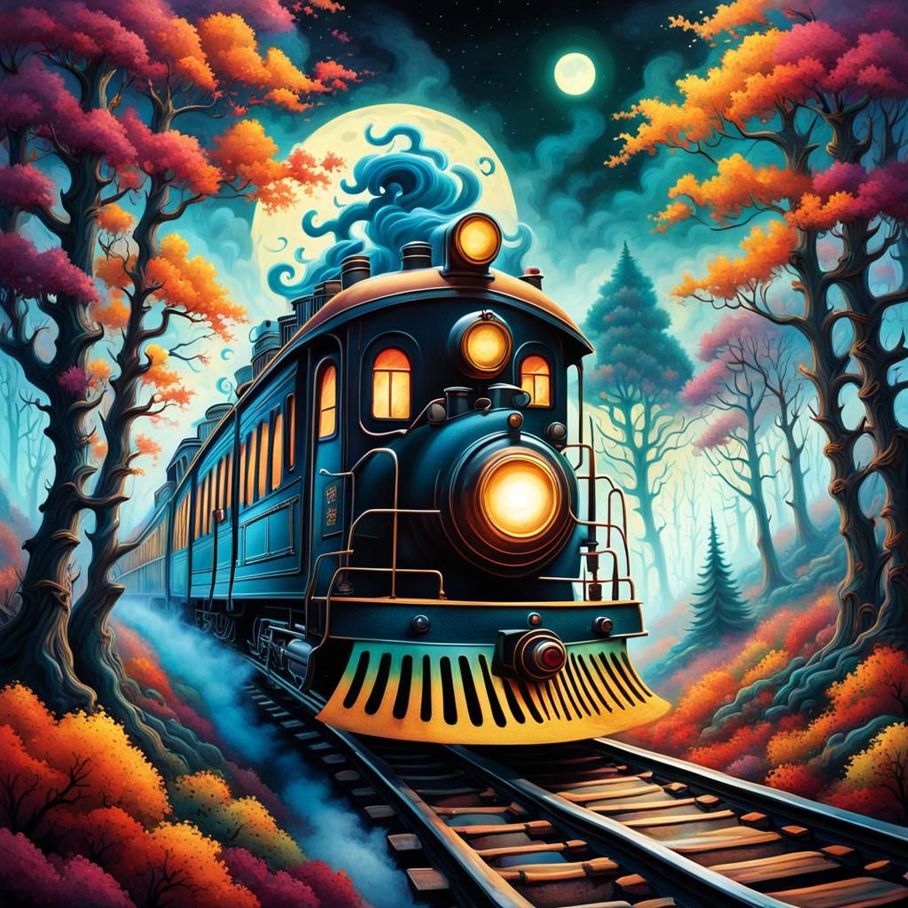 Creepy Ghost Train in Vibrant Autumn Forest