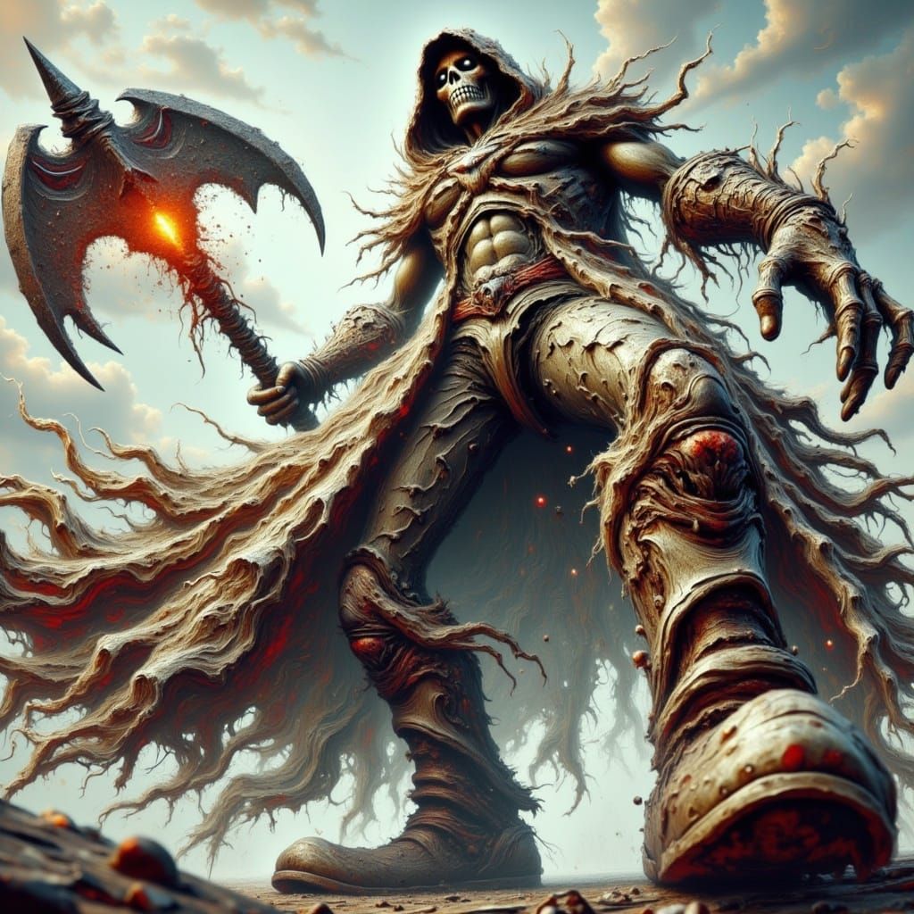 Grunge Fantasy Scarecrow Warrior with Technological Axe