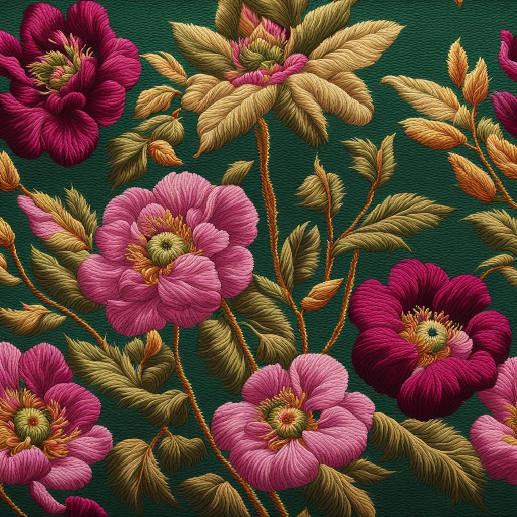 Needlepoint Flowers in Green and Magenta Oil Painting
