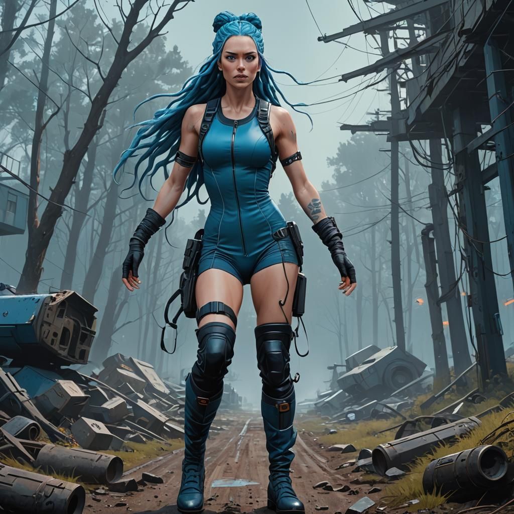 Happy Blue-Haired Woman in Sci-Fi Style