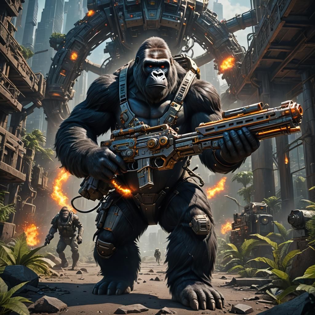 Scientist Gorilla with Plasma Gun in Detailed Matte Painting