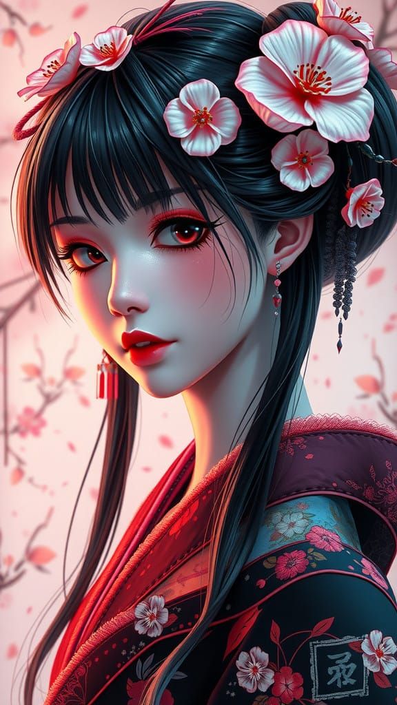 Cyberpunk Geisha Portrait in Vibrant Sakura Colors
