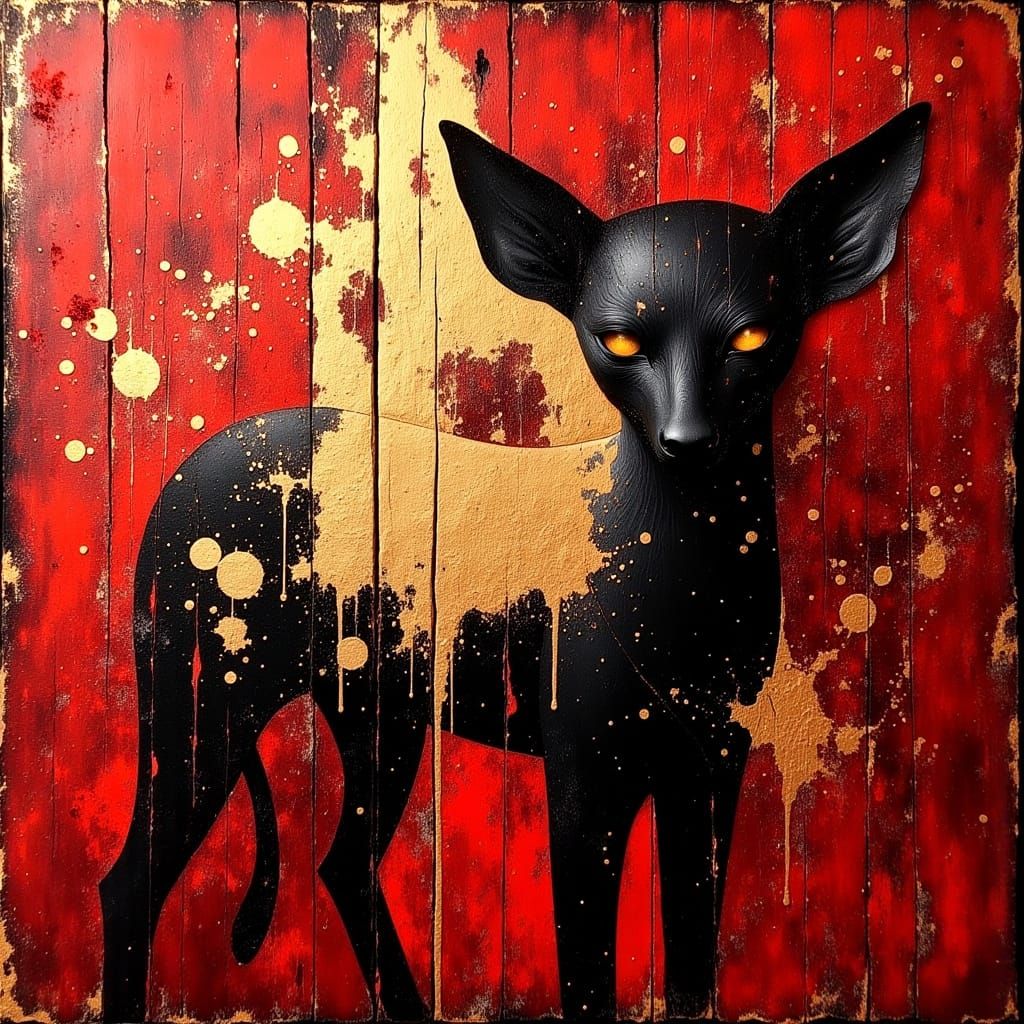 Surreal Red Painting with Gold Leaf Accents in a Morbid Divi...