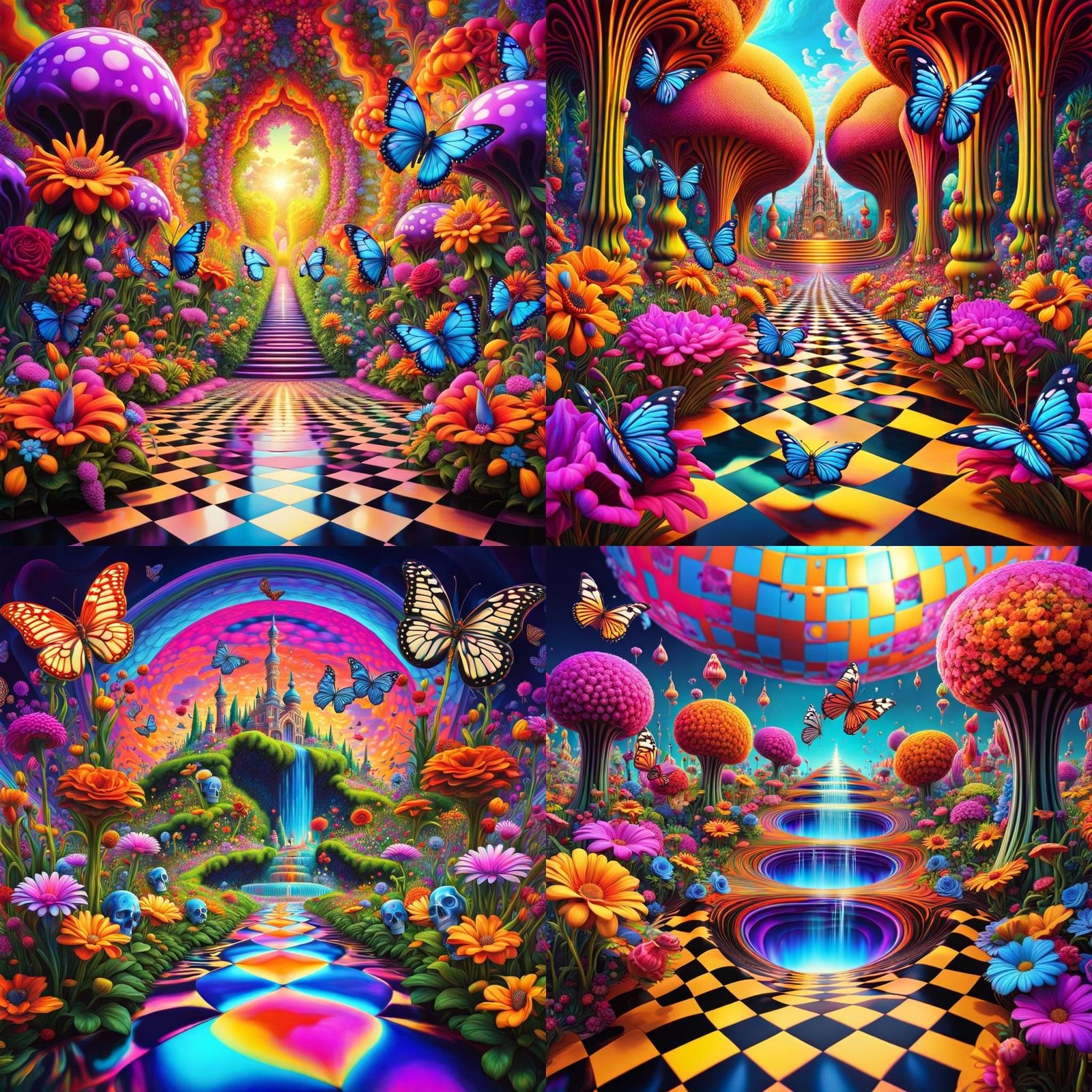 Psychedelic Dripping Dreamscape with Butterflies and Skulls