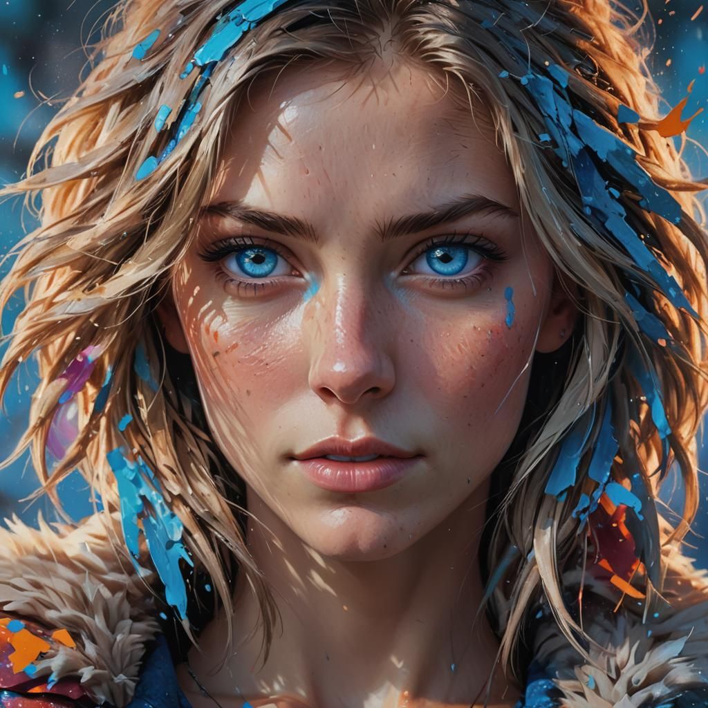 Blue-Eyed Wolf Woman: Hyperrealistic Splash Art Portrait