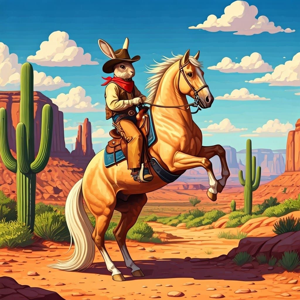 Cowboy Rabbit Rides Majestic Palomino in Vibrant Western Lan...