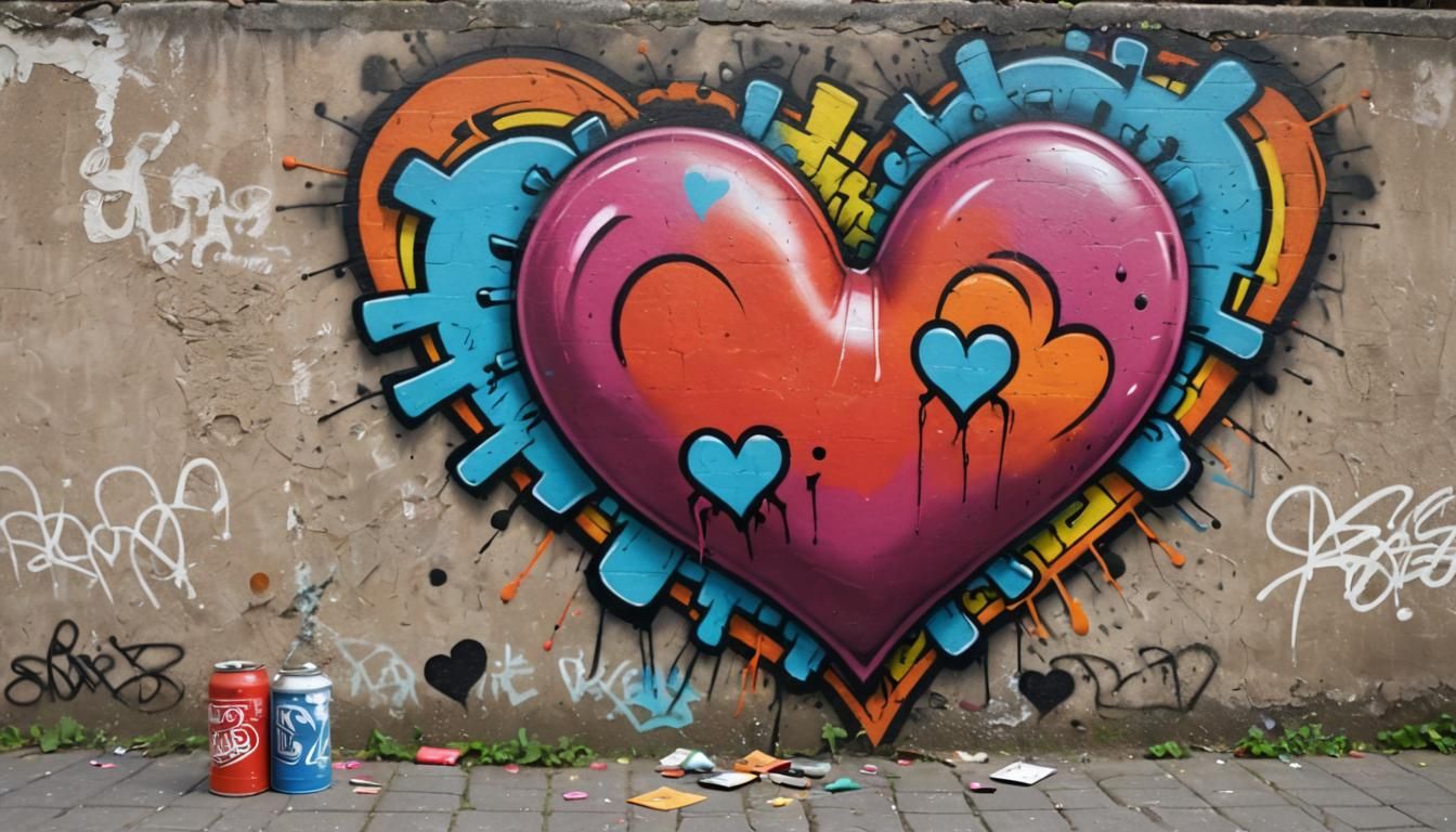 Colorful Heart Graffiti Art on Brick Wall