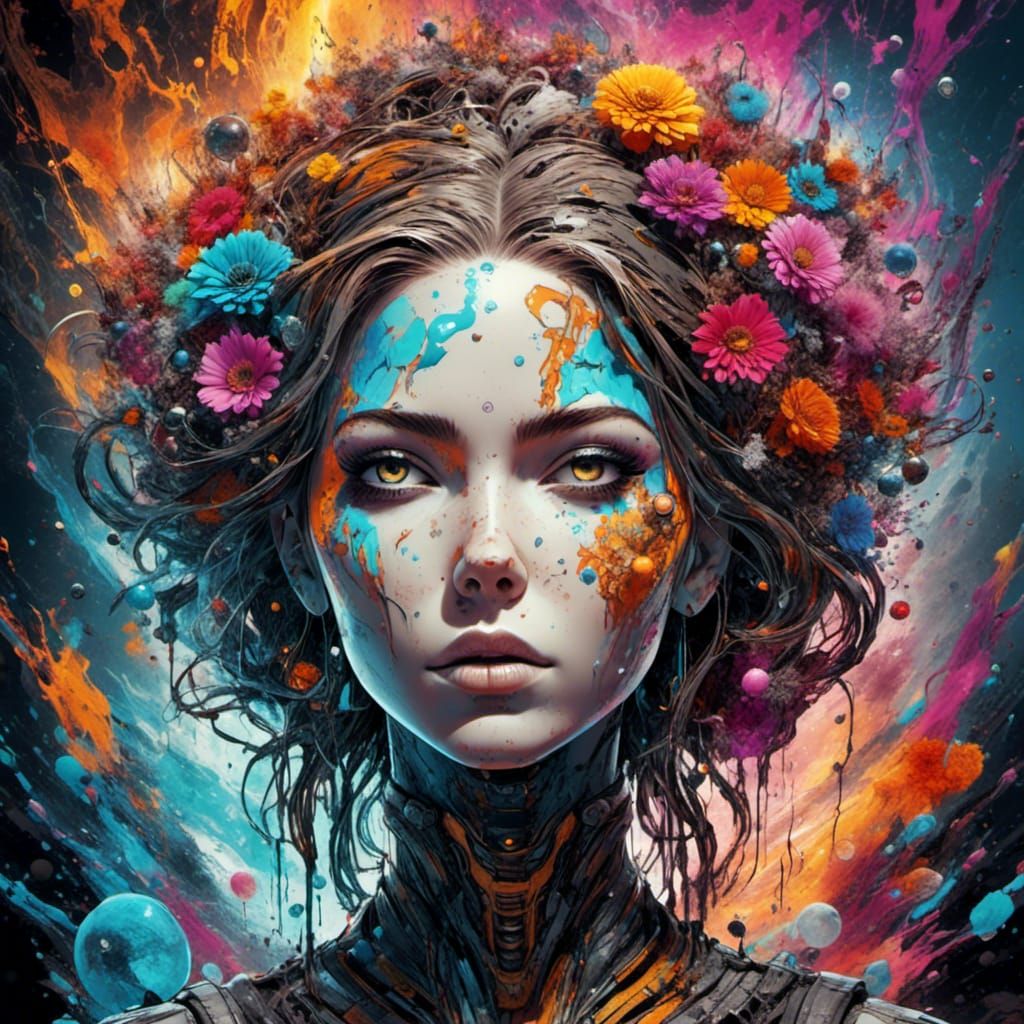 Biomechanical Woman with Melting Head in Cybernetic Style