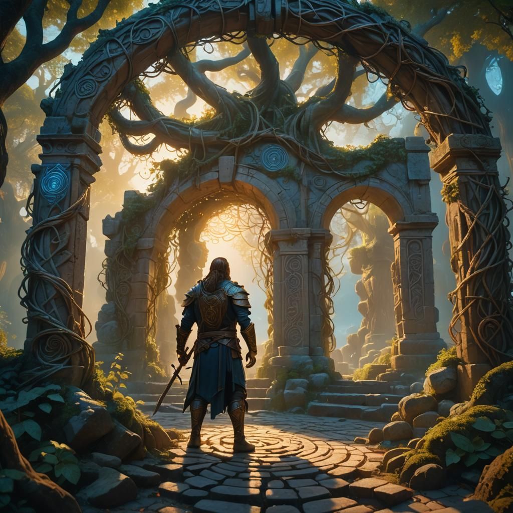 Heroic Warrior at Mystical Labyrinth Entrance