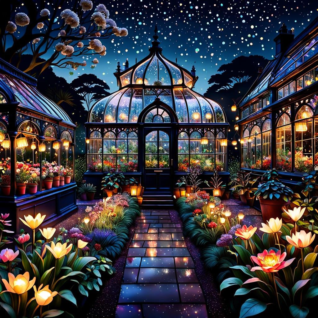 Surreal Glasshouse Enchanting Nighttime Oasis