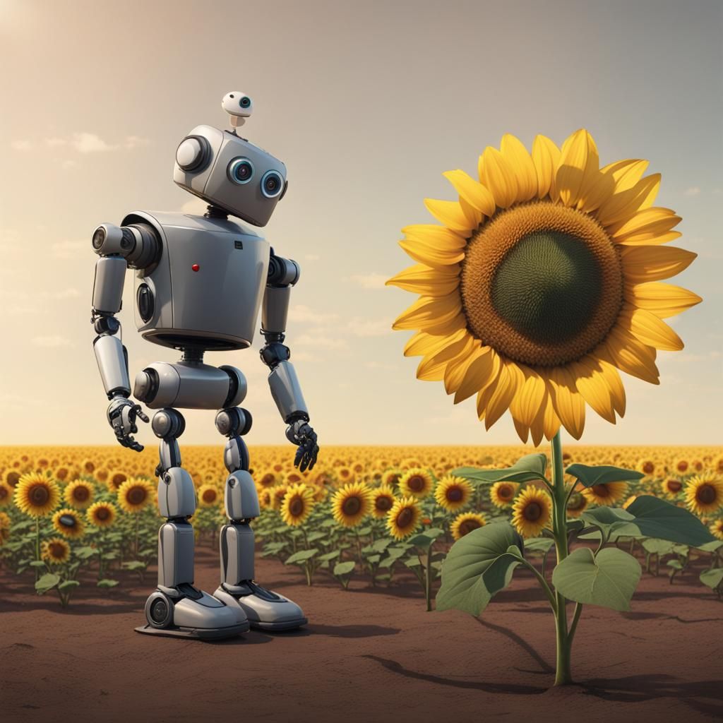Robot and Sunflower in Conversation