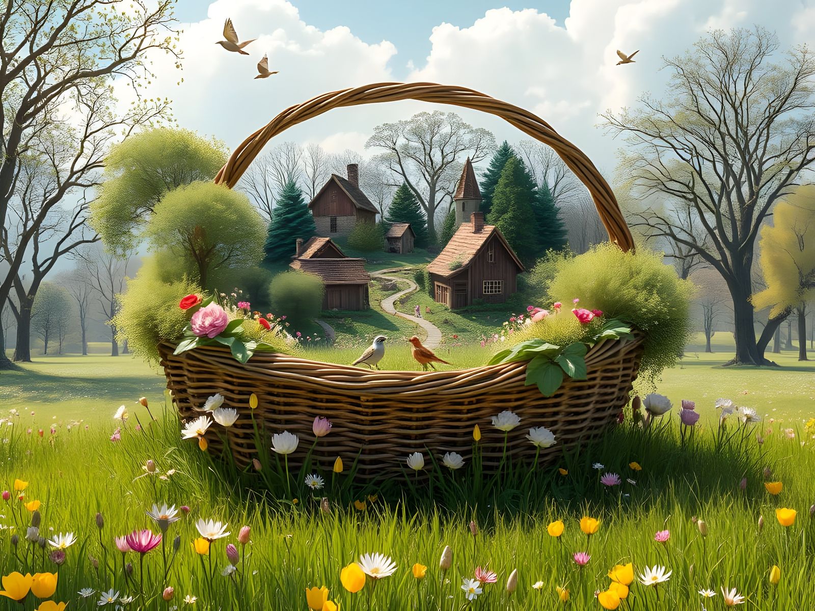 Whimsical Spring Scene in a Vintage Wicker Basket