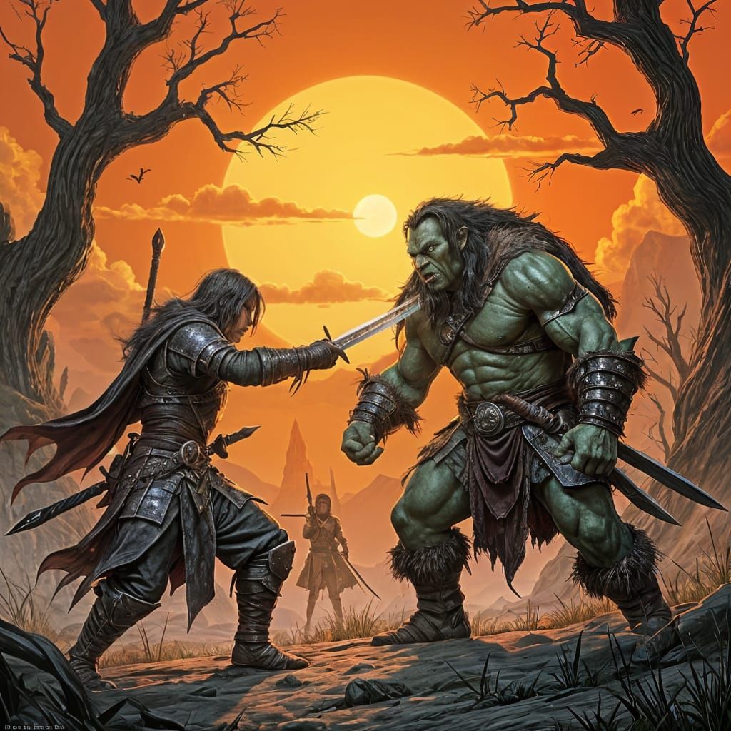 Swordsman and Orc Duel at Dusk