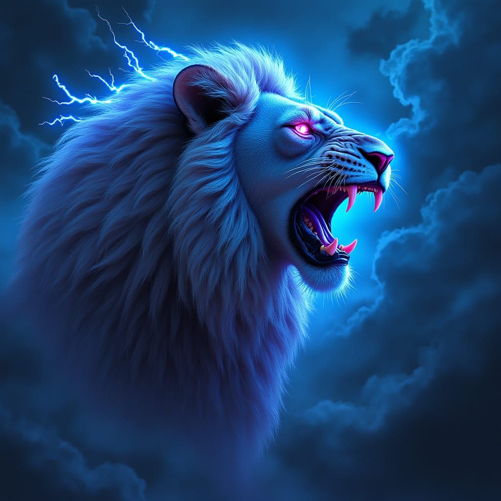 Electric Blue Lion King Reigns Under Neon Noir Sky