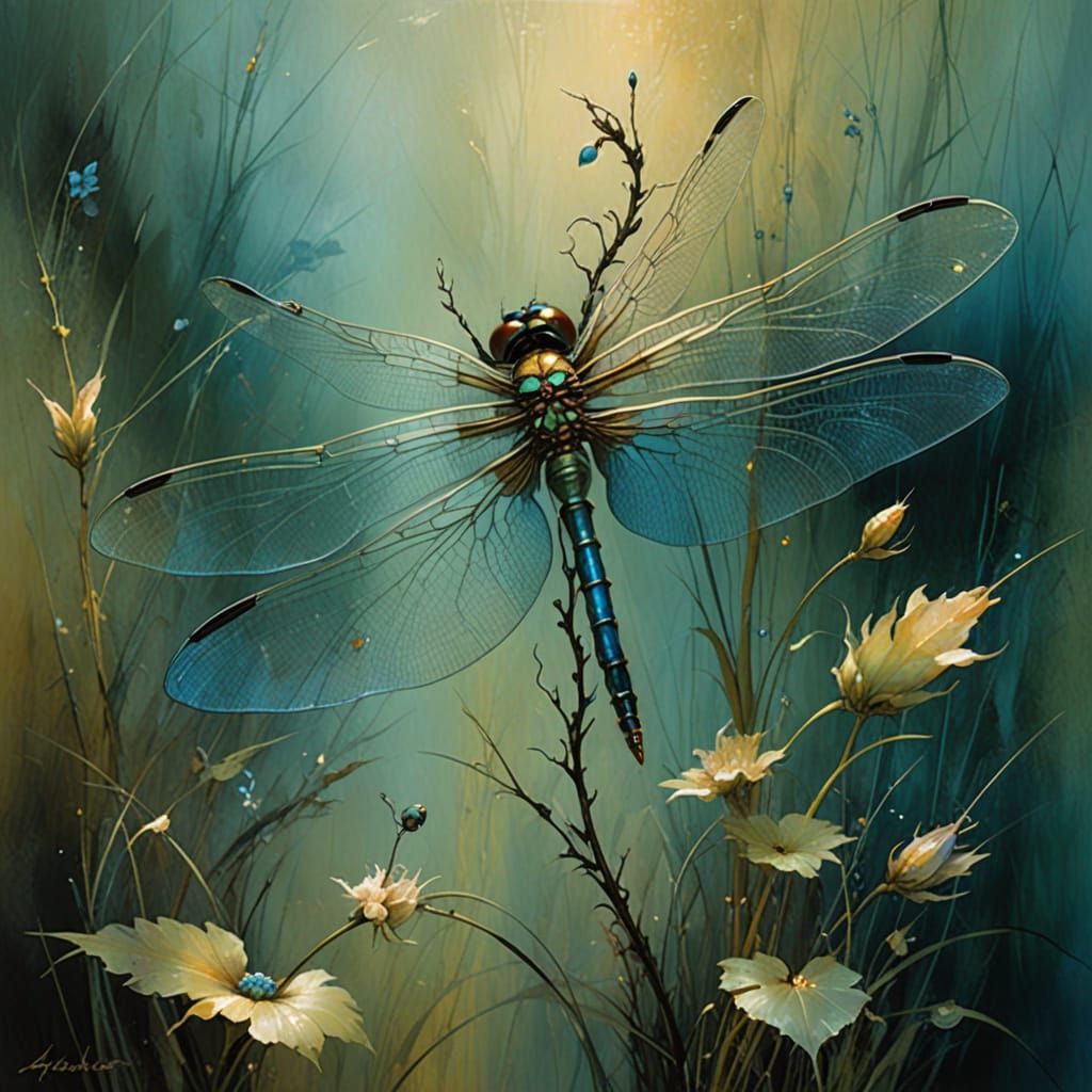 Iridescent Dragonfly in Surrealist Style