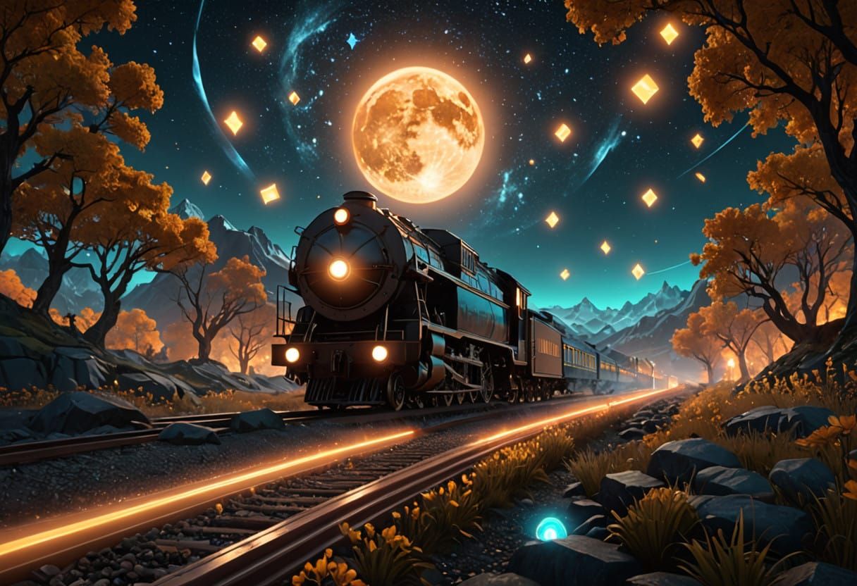 Majestic Train Speeds Across Celestial Landscape in Shimmeri...