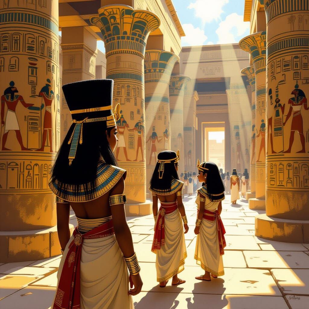 Ancient Egyptian Royal Children in Temple Courtyard